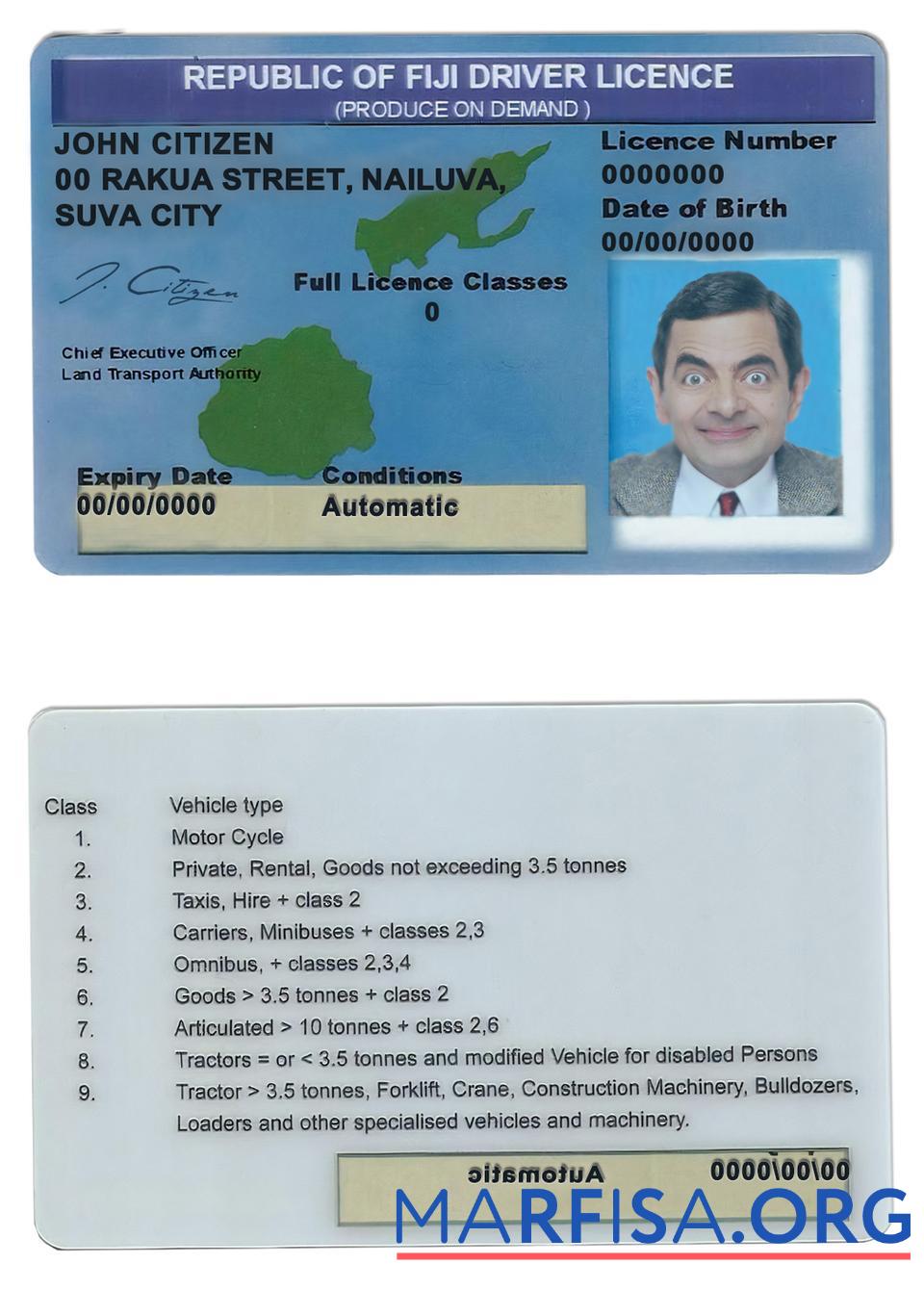 Blank Fiji driving license sample